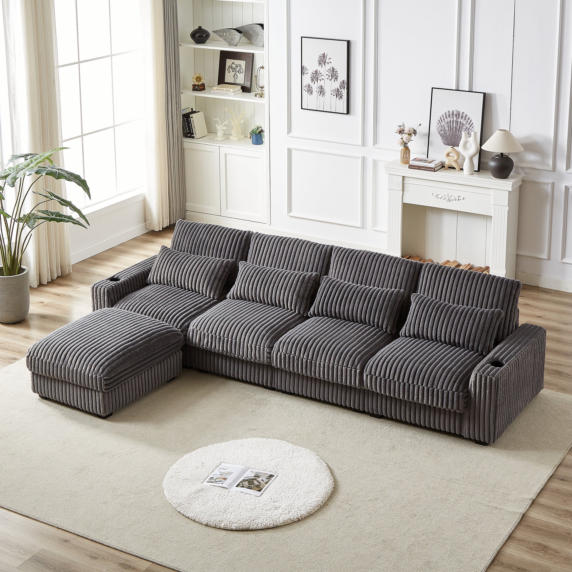 128 Inch Corduroy With Cup Holder Super Large L Shaped Sofa, Movable Footrest, Four Waist Pillows And Four Back Cushion, With Usb Port And T Pyce Port Grey Corduroy 4 Seat