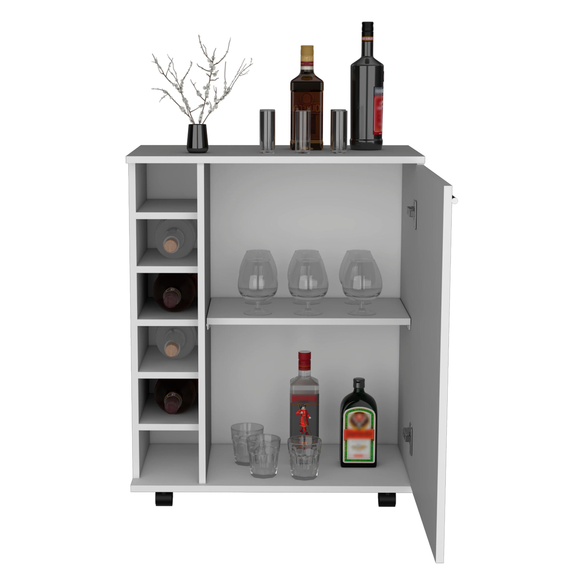 Wick Bar Cart With Integrated Wine Storage, Spacious Cabinet And Smooth Rollers White Dining Room Modern Particle Board Shelves Included Engineered Wood