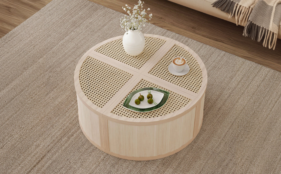 Round To Square Block Modular Coffee Table Light Natural Rattan With Storage 4 Piece Light Natural Rubber Wood