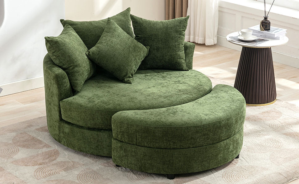 Orisfur. 360 Swivel Accent Barrel Chair With Storage Ottoman & 4 Pillows, Modern Chenille Leisure Chair Round Accent For Living Room, Green Green Foam Chenille