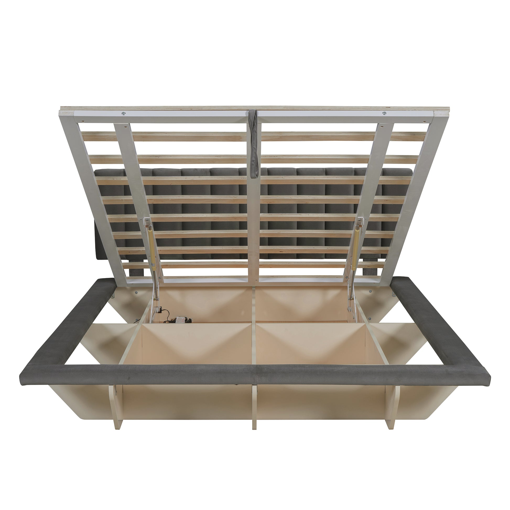 Queen Size Upholstered Floating Bed With Led Light And Usb Port, Velvet, Gray, Hydrualic Platform Bed Queen Gray Velvet