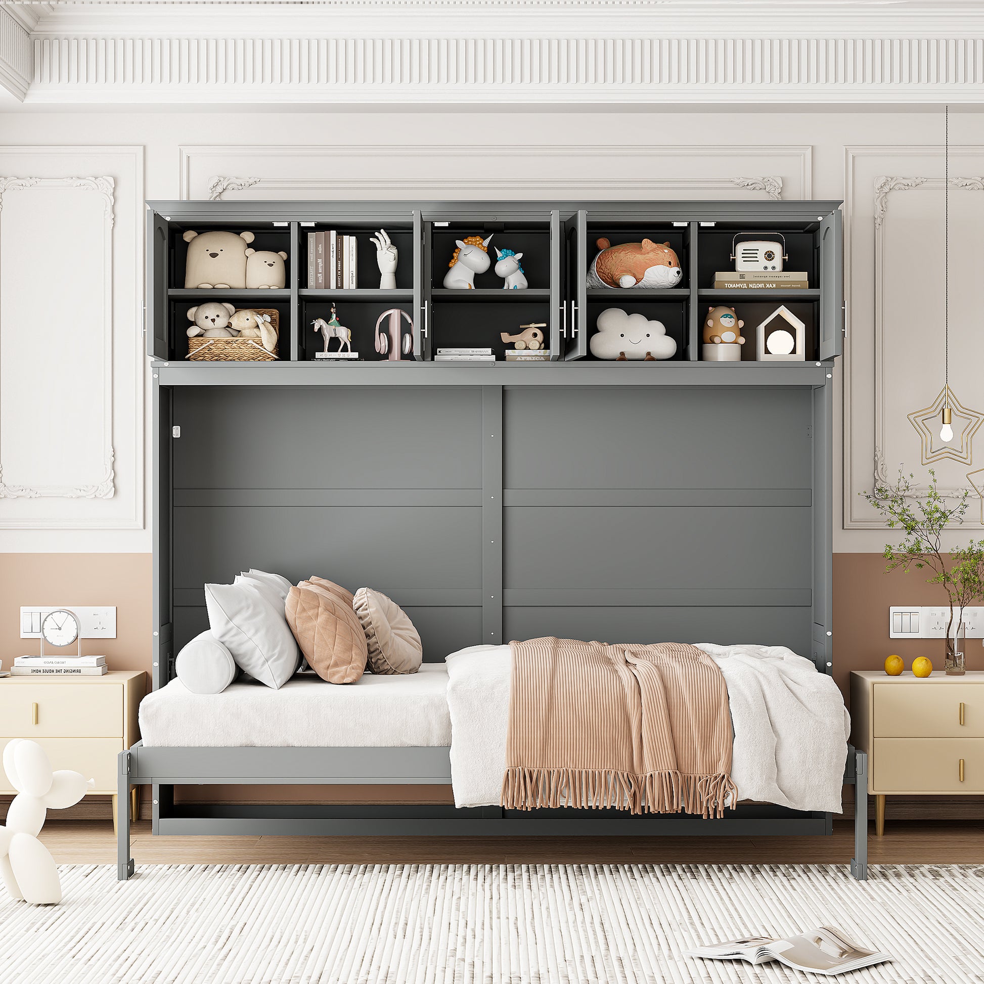 Queen Size Murphy Bed Wall Bed With Top Cabinets,Gray Queen Gray Plywood