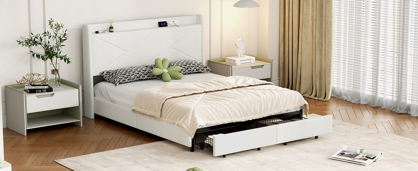 Queen Size Upholstery Platform Bed With Storage Headboard, Led, Usb Charging And 2 Drawers, Beige Queen Beige Upholstered