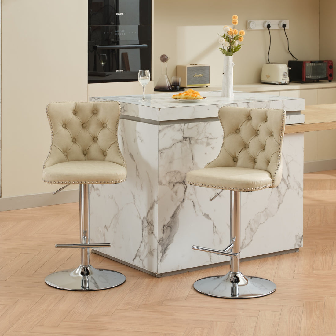 Swivel Pu Leather Barstools Adjusatble Seat Height From 25 33 Inch, Chrome Base Bar Stools With Backs Comfortable Tufted For Home Pub And Kitchen Island, Beige,Set Of 2,1512Bg Beige American Design Bar Stools Wing Back Foam Pu Leather