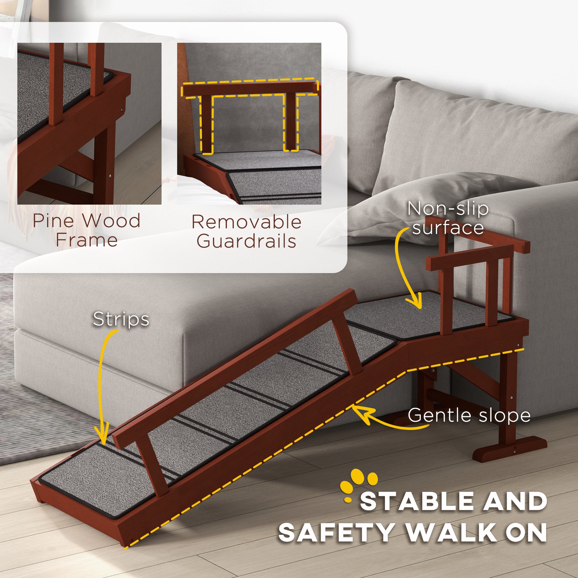 Pawhut Dog Ramp, Dog Stairs For Small, Medium & Large Dogs, Pet Ramp For Bed Or Couch With Removable Guardrails, Non Slip Surface, 49" Long, Brown Brown Pine