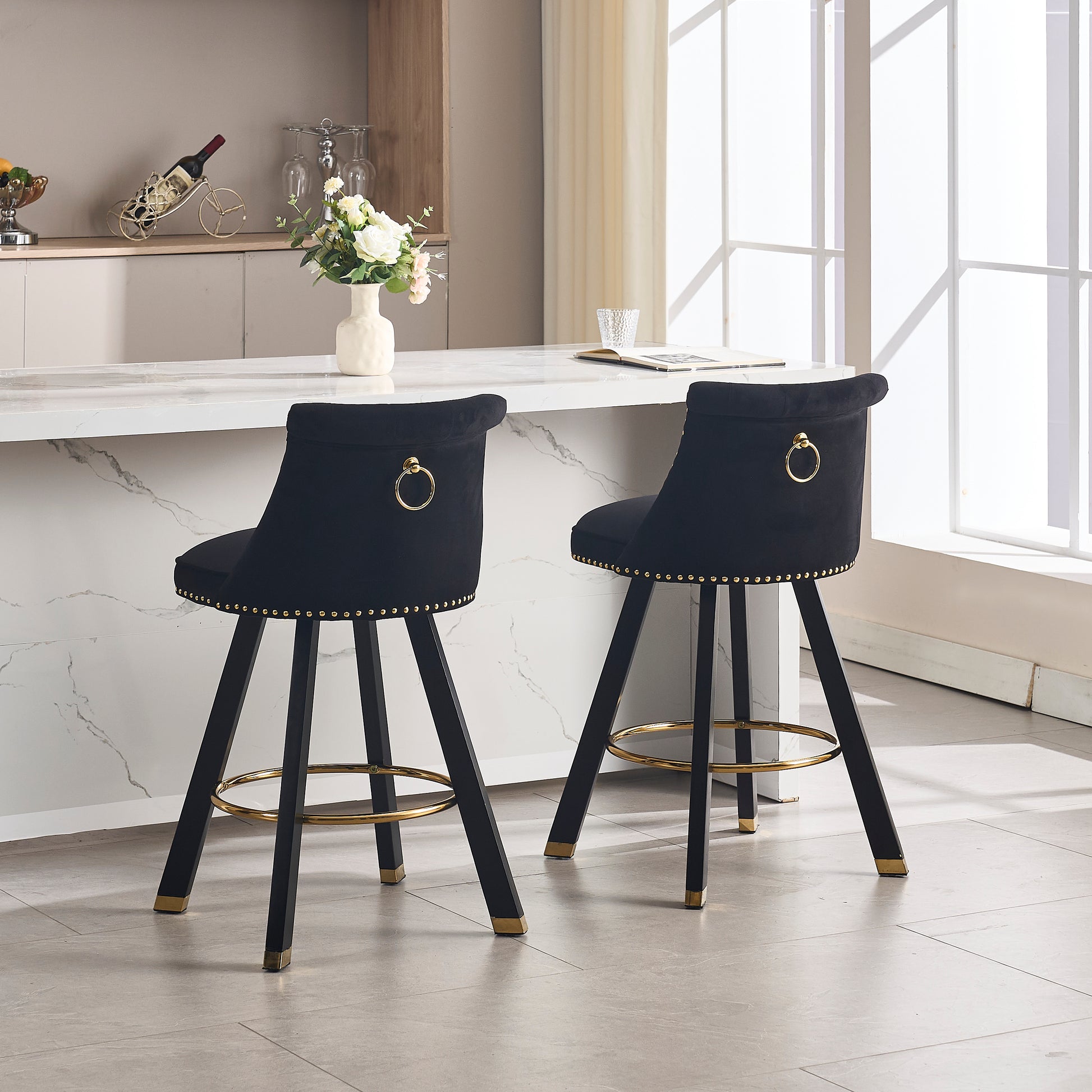 Coolmore Set Of 2,Back Pull Point Design, Velvet Material, 360 Degree Rotation, Back Pull Loop Detachable Design, Rivet Decoration, Square Foot Wooden Bar Chair Black Velvet