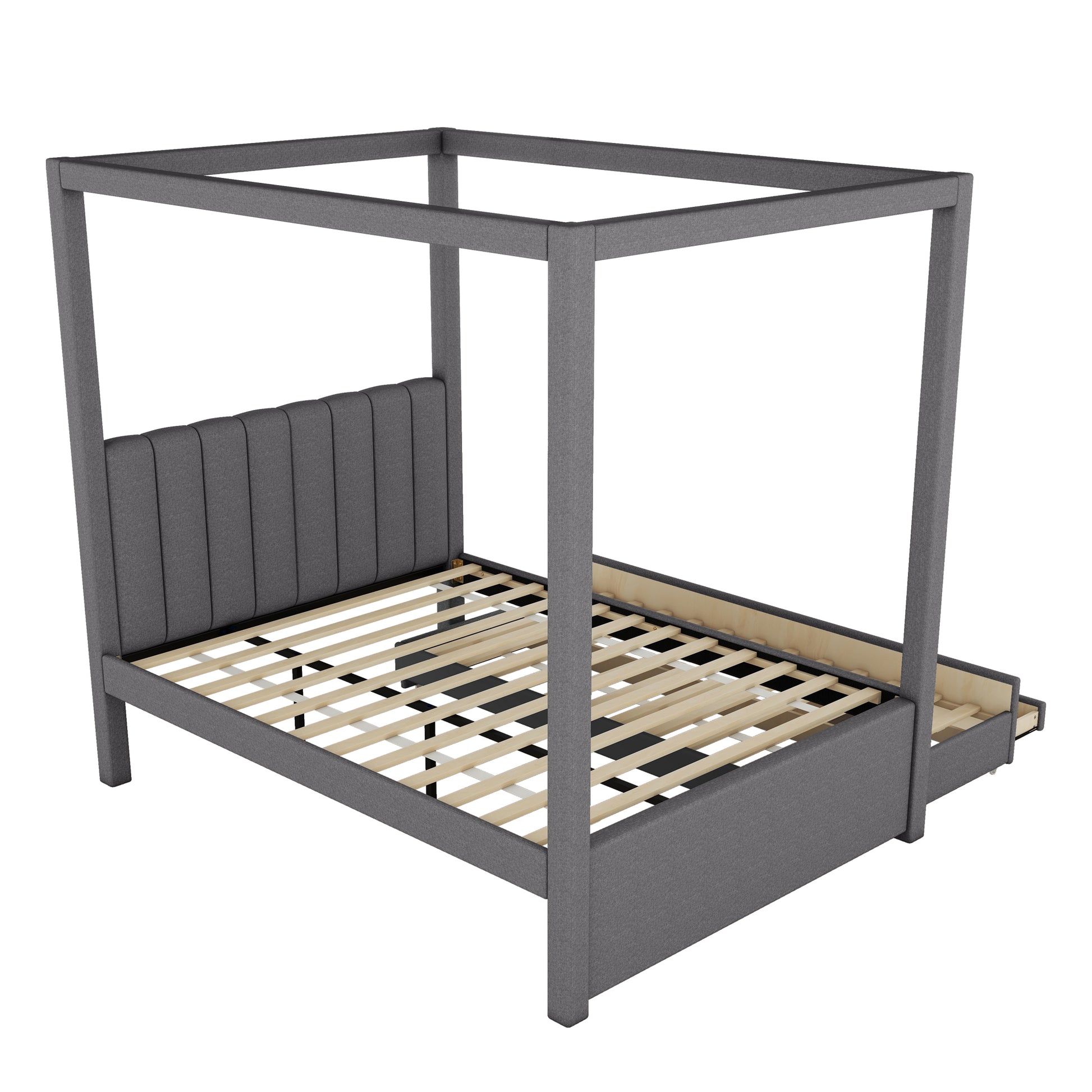 Full Size Upholstery Canopy Platform Bed With Trundle And Three Storage Drawers, Gray Full Gray Upholstered
