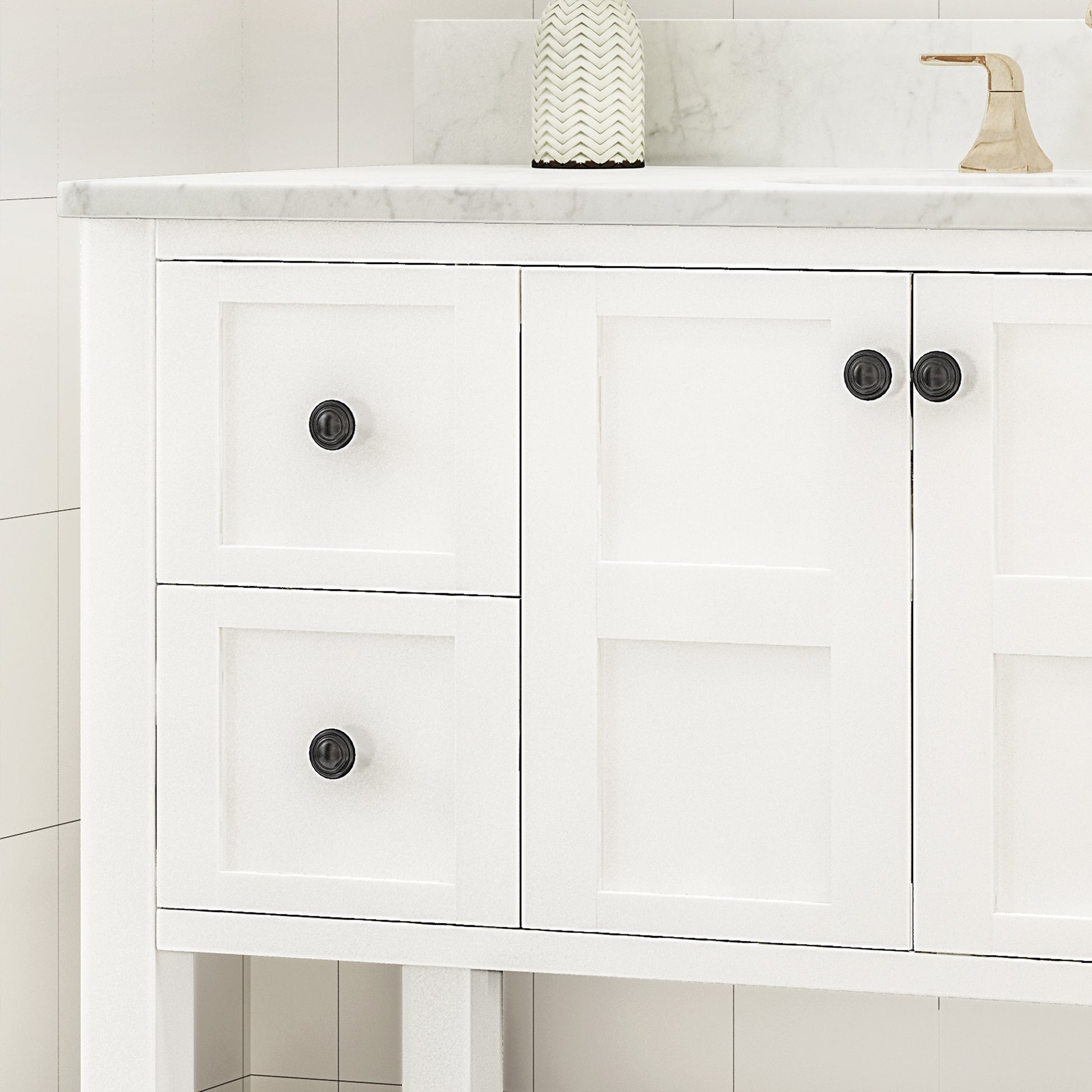 49'' Bathroom Vanity With Marble Top & Ceramic Sink, Two Doors, 4 Drawers, Open Shelf, White White Acacia Wood