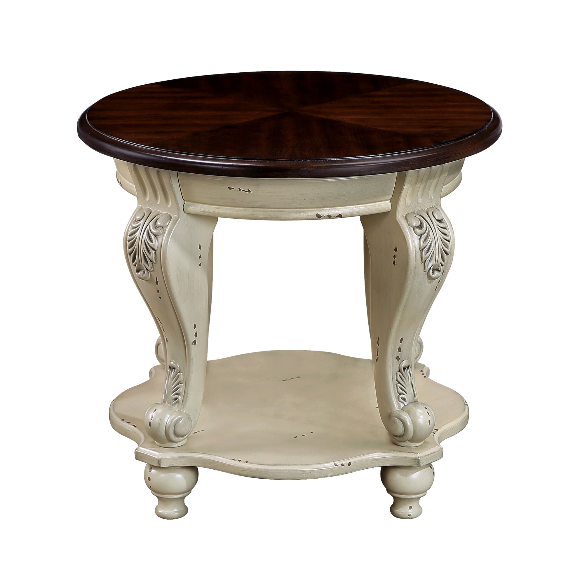 22'' Two Tone Round End Table,Solid Wood Sofa Side Table With Shelf,Living Room Corner Table Easy Assemble,Chipped White And Cherry Top Color Written On Box Is Antique White And Light Espresso Top Antique White Rubber Wood