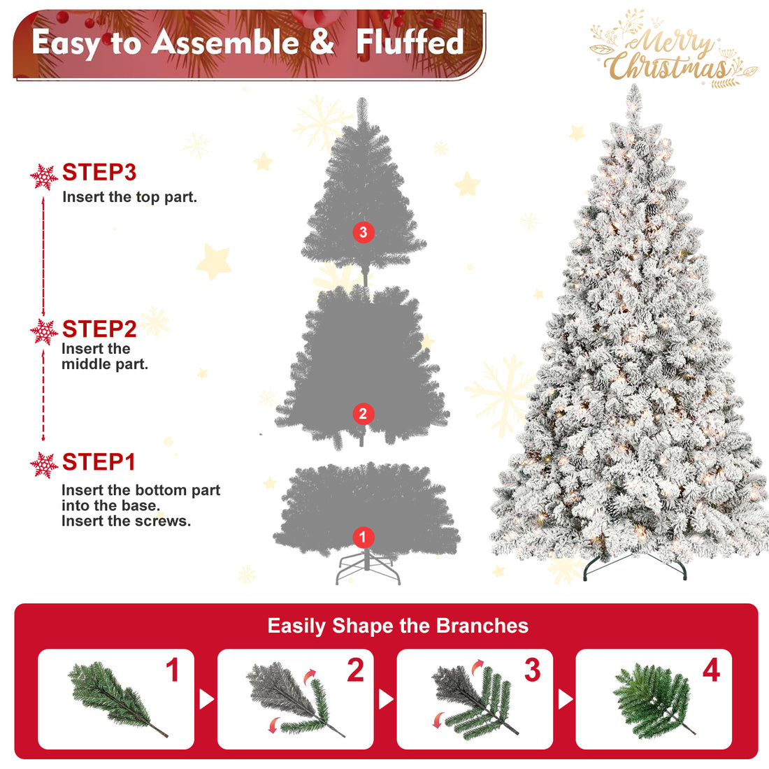 8Ft Snow Flocked Artificial Christmas Tree With Pine Cones, Prelit Xmas Trees, Hinged Easy Assembly & Reinforced Metal Base Ideal For Indoor & Outdoor Festive Decorations White Polyvinyl Chloride