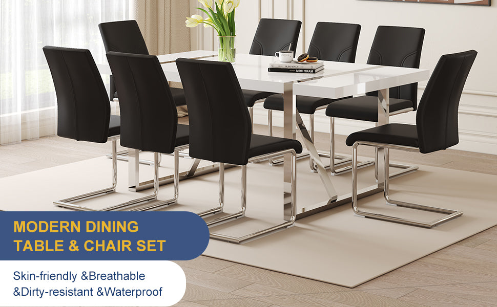 Table And Chair Set.71"X39.3" White Mdf Painting Dining Table Set With 8 Black Pu Chairs.Showcasing A Modern And Stylish Look.Suitable For Dining Room.Mdf Painting,Iron Pipe Plating,Pu Chiairs.