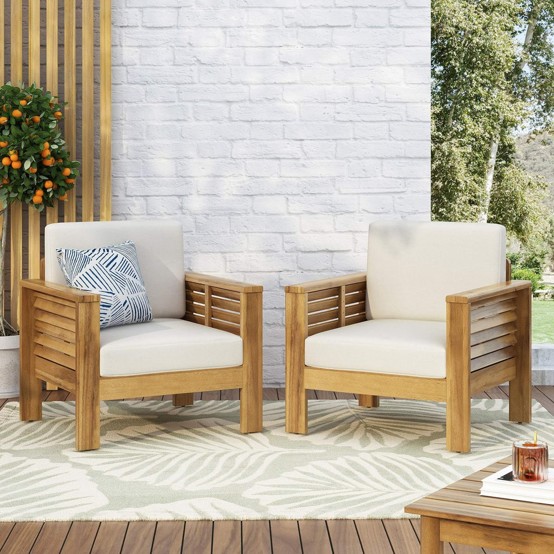 Set Of 2 Outdoor Acacia Wood Club Chairs With Cushions, Teak Beige, 27.75"D X 32"W X 27.75"H Yes Brown Beige Foam Acacia Wood