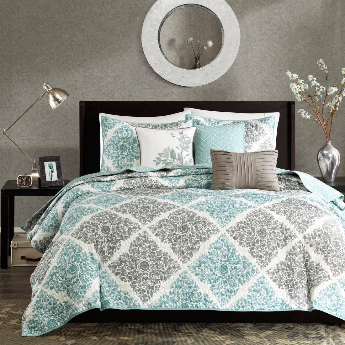 6 Piece Printed Quilt Set With Throw Pillows Aqua Full Queen Full Aqua Cotton