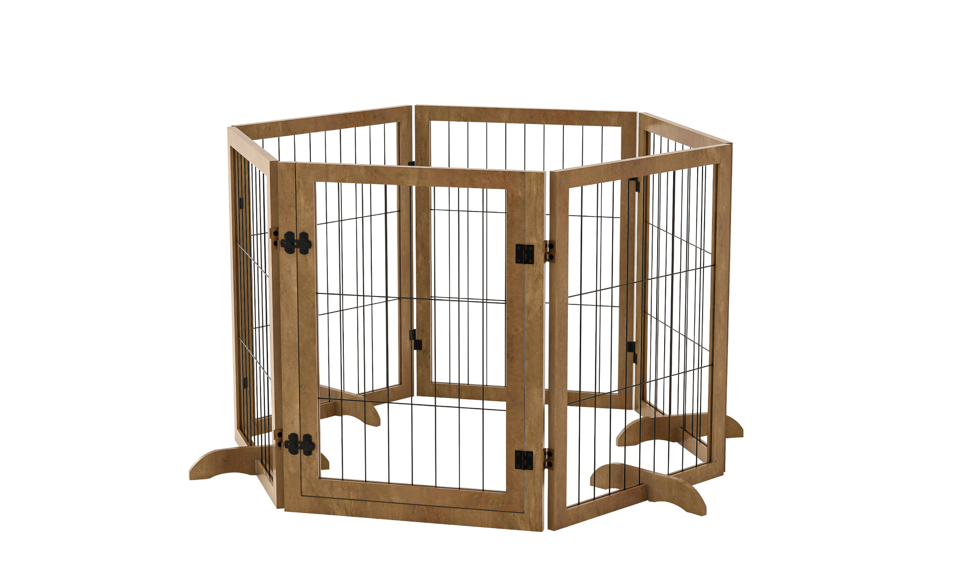 Dog Gate With Door Pet Dog Fence Barrier 6 Panels 144 Inch Wide 32 Inch Tall Foldable Multiple Shapes Freestanding With Support Feet Indoor Use For House Doorway Stairs Plant Stand Brown Pet Barrier Medium 26 40 Lbs Solid Wood