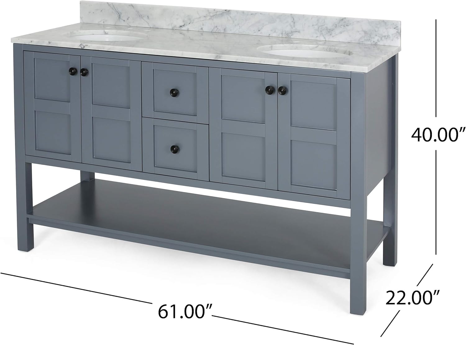 61'' Bathroom Vanity With Marble Top & Double Ceramic Sinks, 4 Doors, 2 Drawers, Open Shelf, Gray Gray Mdf