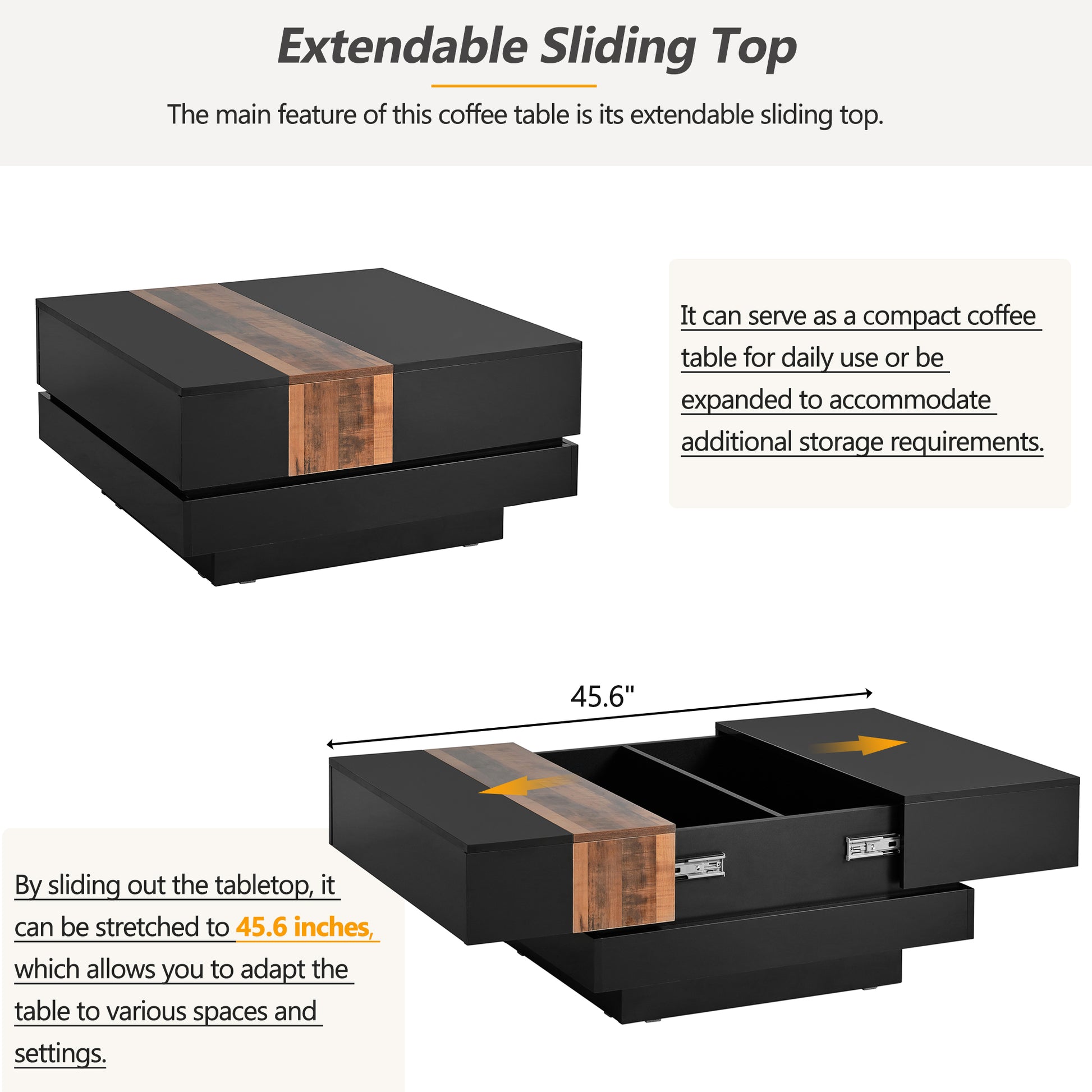 31.4'' X 31.4'' Square Coffee Table With Sliding Tabletop, High Gloss Center Table With Hidden Storage Compartment, Extendable Cocktail Table With Walnut Grain Finish For Living Room, Black Black Square Mdf