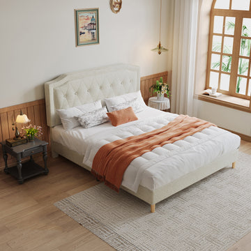 Queen Size, Cotton Linen Fabric, Mesh Mounted Bed, Stable, Easy To Assemble, Light Grey Queen Light Gray Mdf Acacia