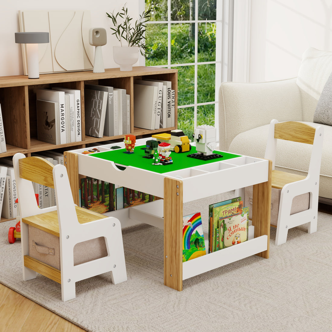 Kids 2 In 1 Play Table & 2 Chairs Set,With 7 Storage Compartments,Compatible With Lego Building Block,Modern Activity Learning Table Game Furniture White White Green Mdf