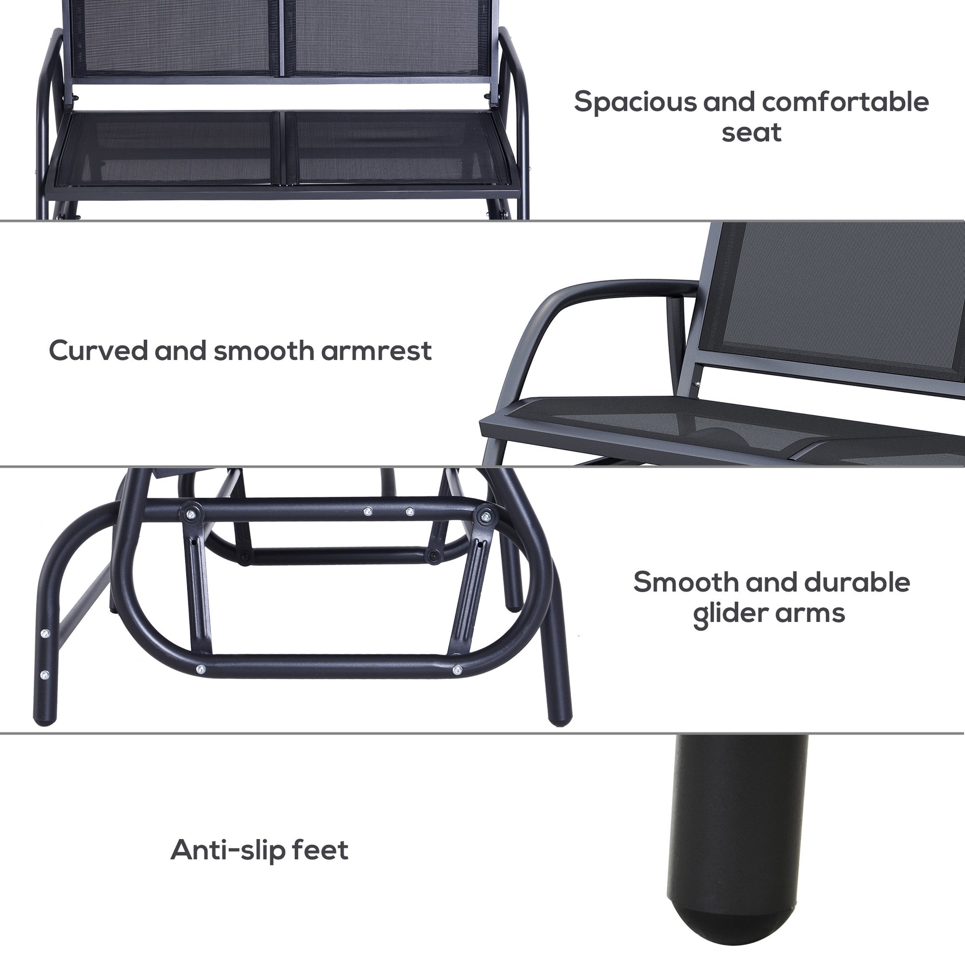 Outsunny 2 Person Outdoor Glider Bench, Patio Double Swing Rocking Chair Loveseat W Powder Coated Steel Frame For Backyard Garden Porch, Black Gray Steel