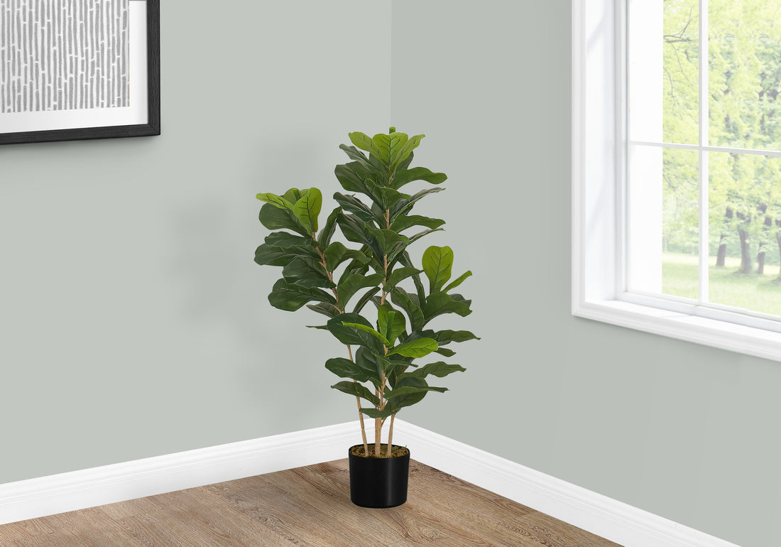 Artificial Plant, 41" Tall, Fiddle Tree, Indoor, Faux, Fake, Floor, Greenery, Potted, Real Touch, Decorative, Green Leaves, Black Pot Green Plastic