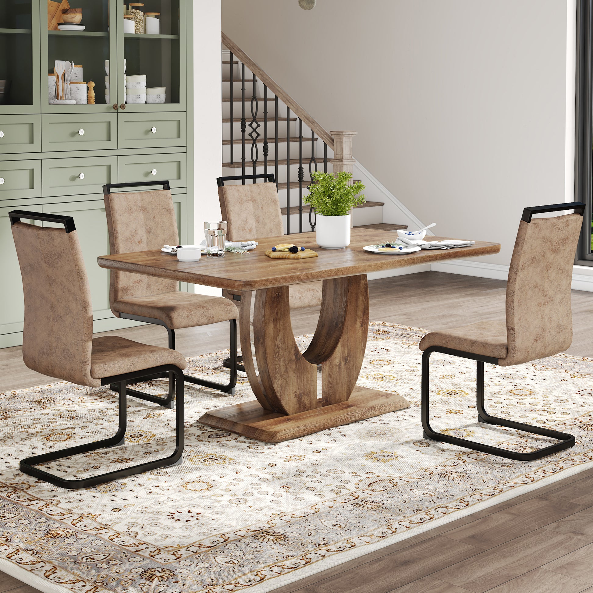 Table And Chair Set.Mdf Rectangular Dining Table, 4 Chairs With Technology Cloth High Back Upholstered Side Chair With C Shaped Metal Legs.Suitable For Restaurants, Living Rooms, Kitchen Brown Seats 4 Mdf Metal