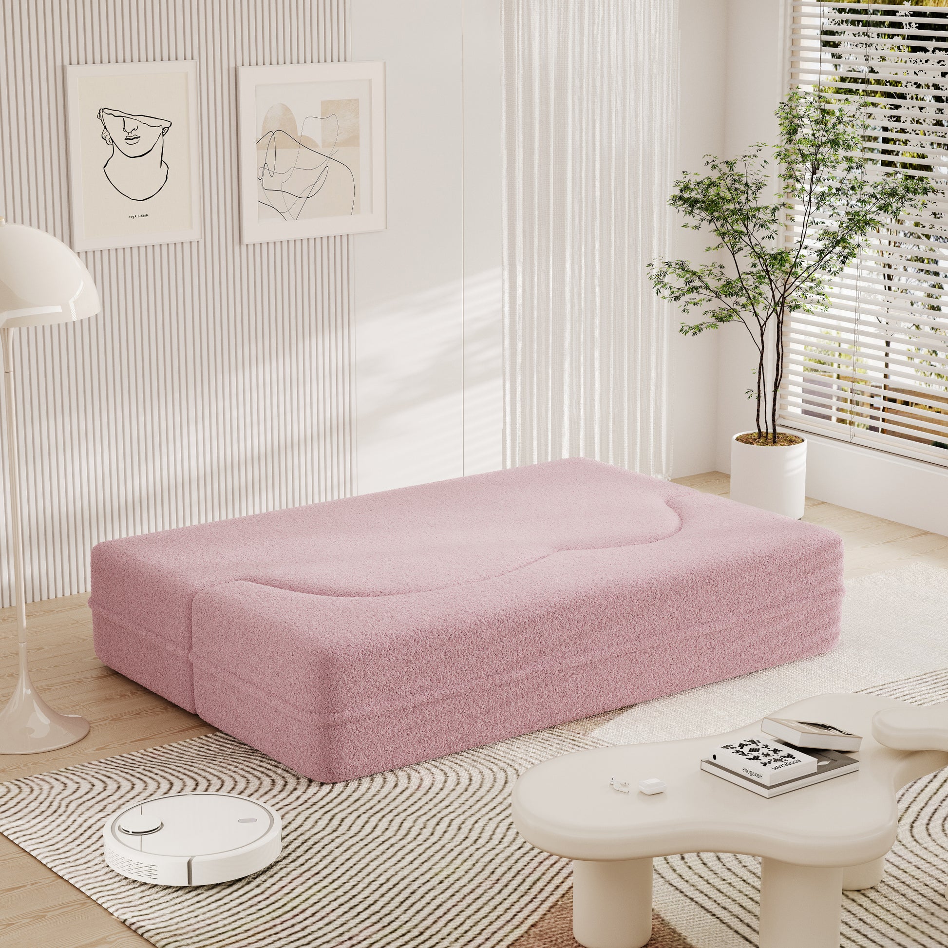 Modern Floor Sofa With 2 Pillows,Convertible Teddy Fabric Foam Filled Sleeper Sofa Bed,15" Full Size Folding Mattress For Living Room, Guest Bed, Playroom,No Assembly Required,Pink Pink Foam Spring 2 Seat