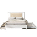 Queen Size Wooden Rattan Platform Bed, With 2 Big Drawers, T Size Trundle, White Queen White Plywood