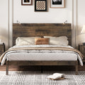 Farmhouse Wooden Platform Queen Size Bed, Modern Platform Bed With Two Bedside Lights, Antique Walnut Queen Walnut Wood