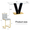 Table And Chair Set,Clear Tempered Glass And Black Legs Of The Table, Pu And Gold Legs Of The Chair Black Grey Seats 6 Tempered Glass