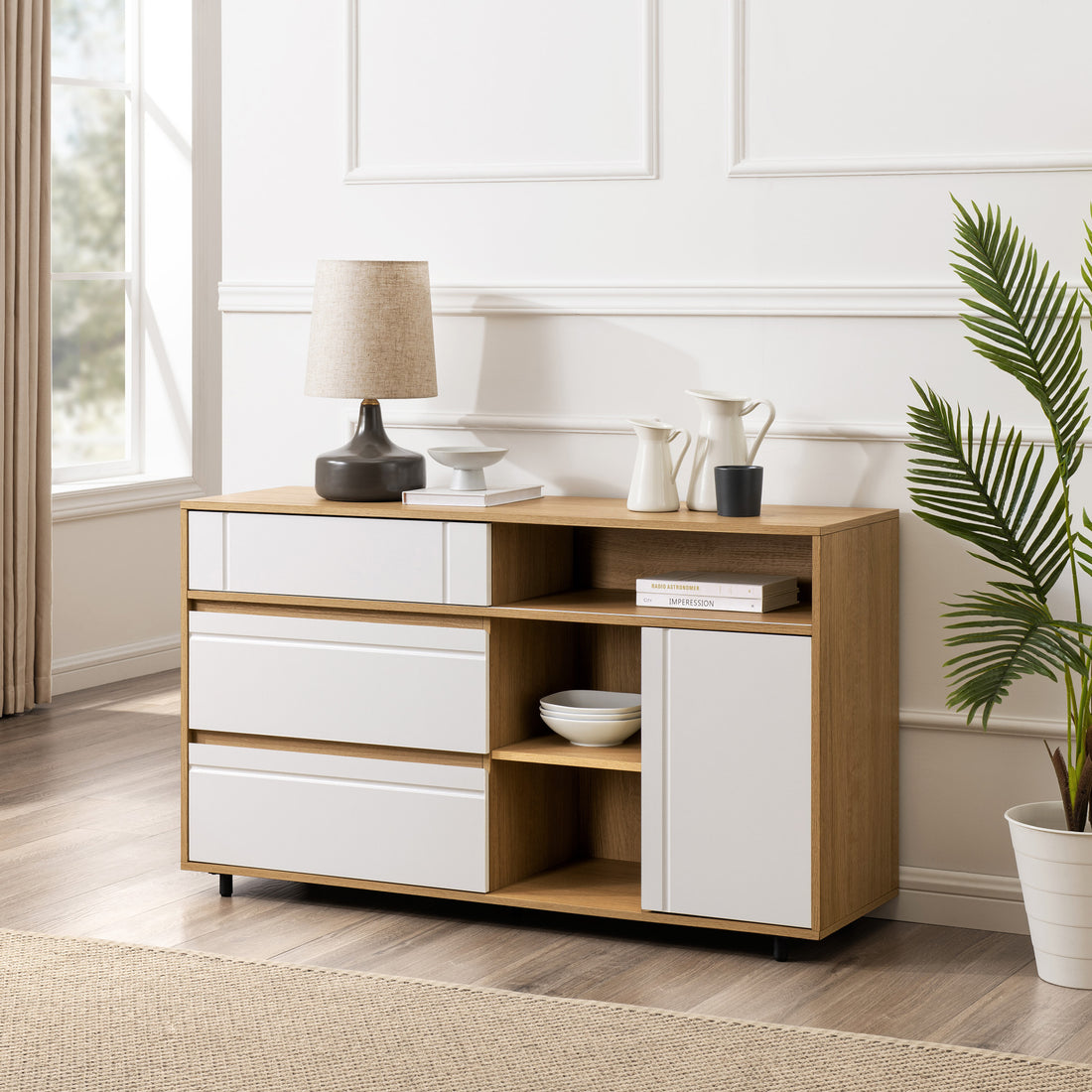 Contemporary Detailed Door Sideboard With Open Storage Coastal Oak Solid White Light Brown Mdf Mdf