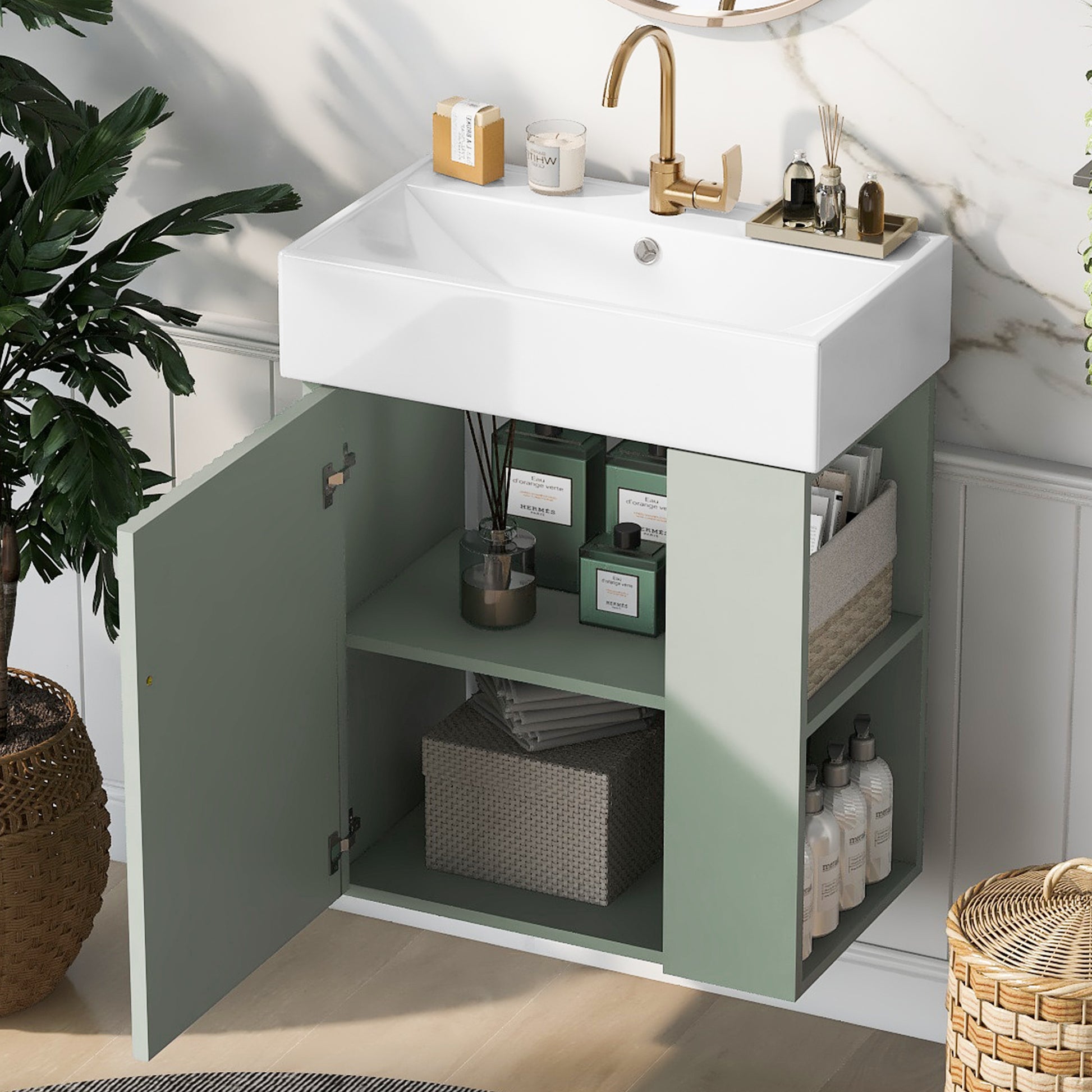 Video 21.6 Inch Modern Floating Bathroom Vanity With Ceramic Basin Perfect For Small Bathrooms, Right Side Storage Green Bathroom Ceramic Mdf