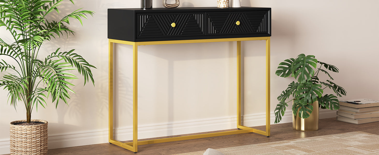 Modern Sleek Console Table Two Drawers With Stripe Design For Living Room And Entryway Black Black Mdf