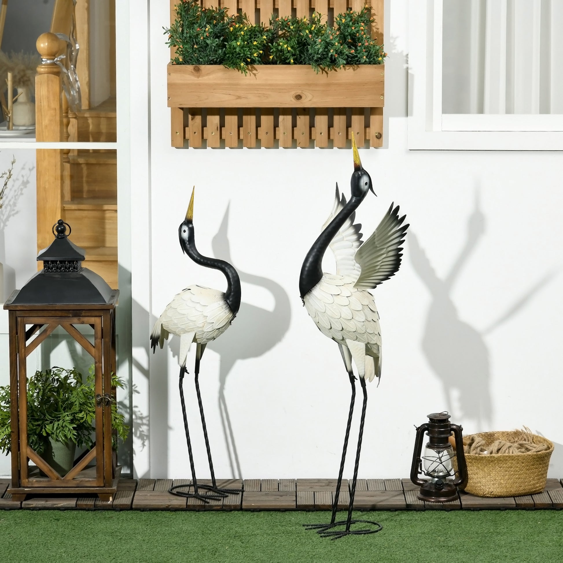 Outsunny Heron Garden Statues, 35.5" & 40.5" Standing Bird Sculptures, Metal Yard Art Decor For Lawn, Patio, Backyard, Landscape Decoration Set Of 2, White & Black Multicolor Steel