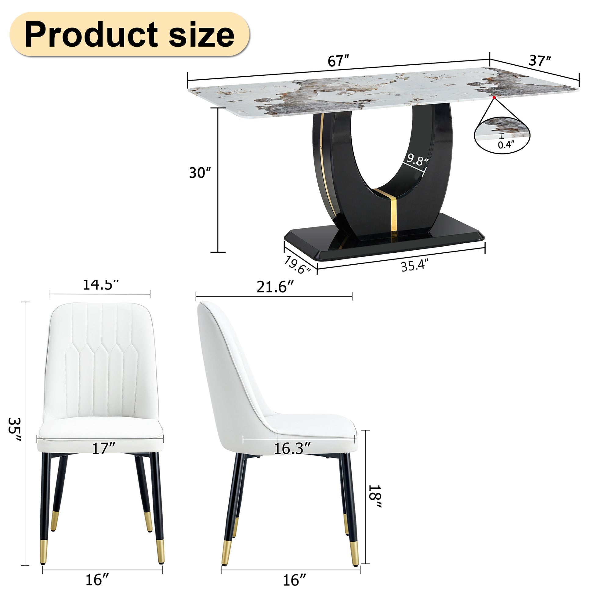 Table And Chair Set, Modern Dining Table, Patterned Table Top And Black Mdf Leg Table, Soft And Comfortable Dining Chair, Perfect For Dinner, Meetings, Home And Office Decor White Black Mdf Glass