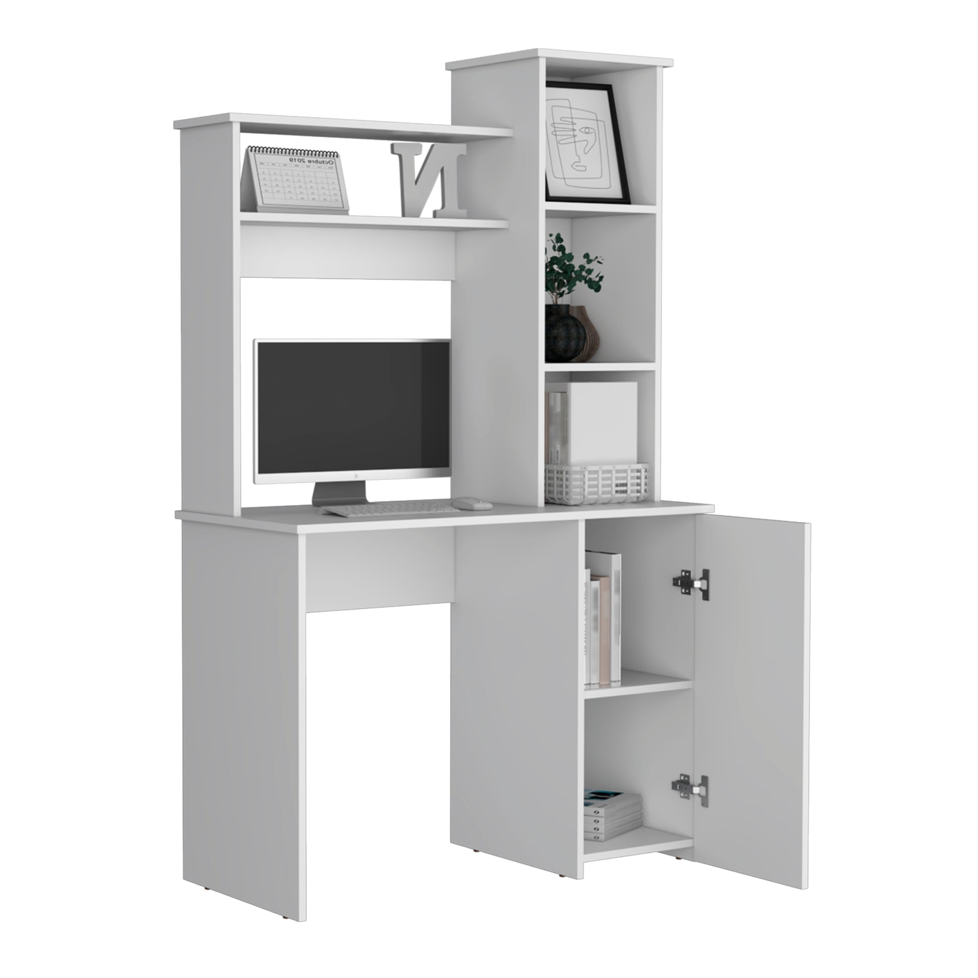 Carson Computer Desk With Hutch, Single Door Cabinet, Expansive Work Surface And 3 Tier Storage Shelves White Computer Desk Office Modern Freestanding Rectangular Shelves Desk Rectangular Particle Board Engineered Wood