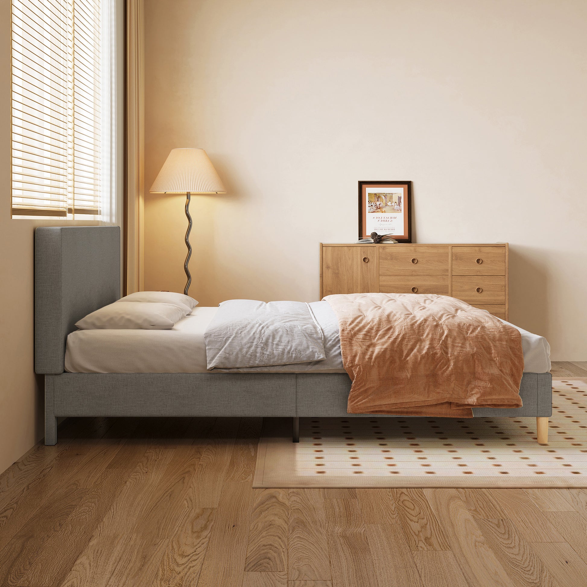 Queen Size Bed, Cotton Linen Fabric, Simple Style, Stable Structure, Easy To Install, Dark Gray Queen Dark Gray Mdf Acacia