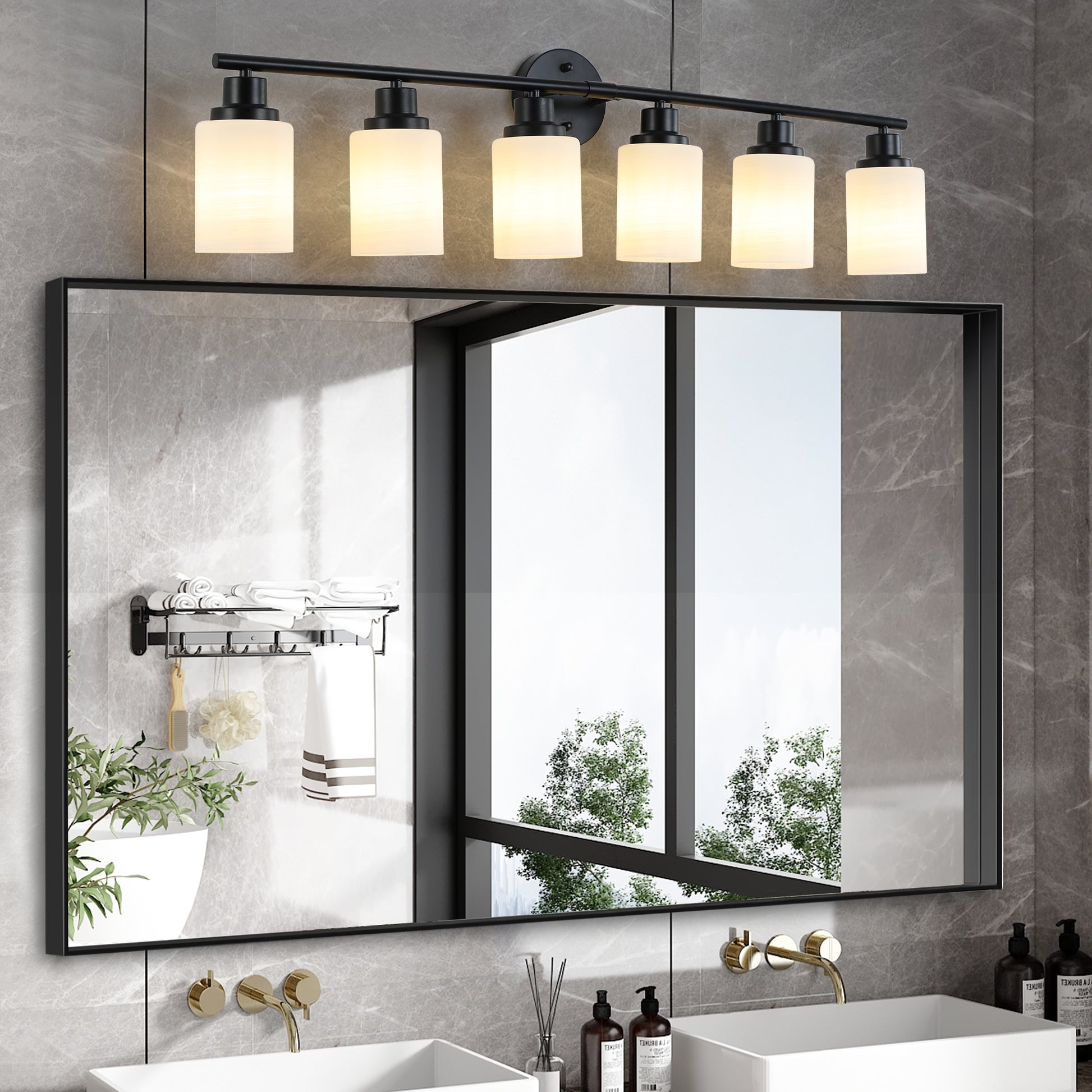 Modern 6 Light Vanity Bathroom Mirror Light, Frosted White Glass With Black Iron Frame, Contemporary Wall Sconce For Bedroom, Bathroom, And Dressing Room No Bulbs Black,White Glass,Iron