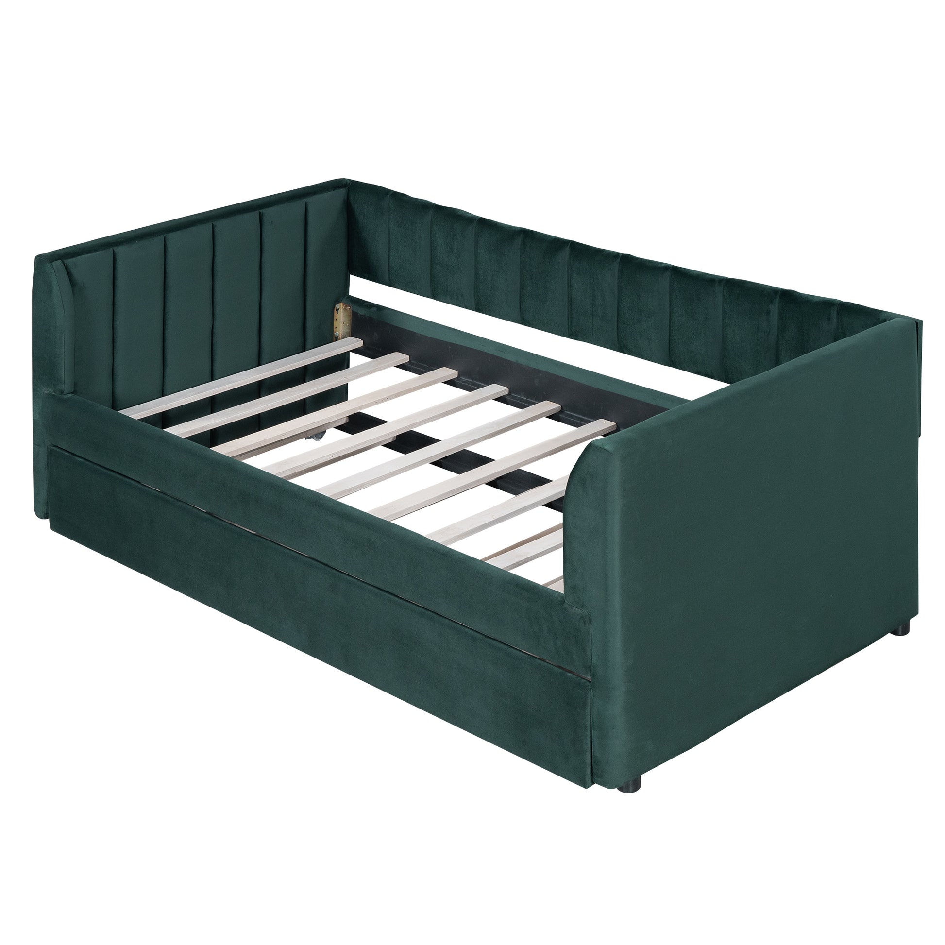 Twin Size Upholstered Velvet Daybed With Trundle, Green Box Spring Not Required Twin Green Wood Bedroom Bed Frame Velvet Upholstered