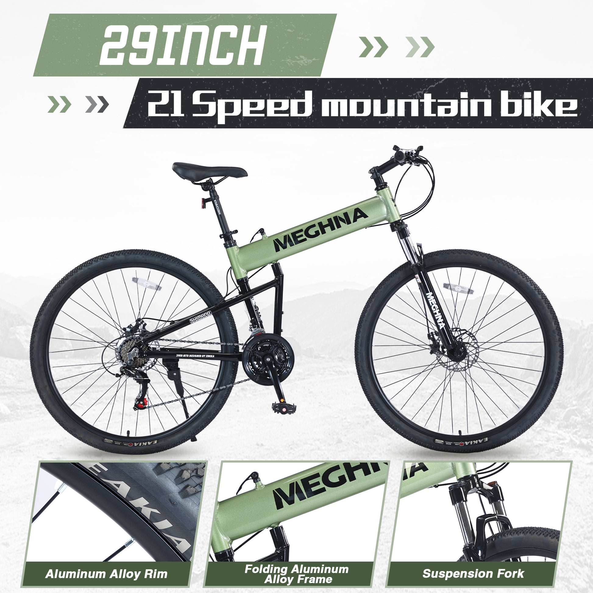 29" Folding Mountain Bike ,Suspension Fork,Aluminium Alloy Frame 21Speed Mountain Bike Cycling Green Garden & Outdoor Aluminium Alloy