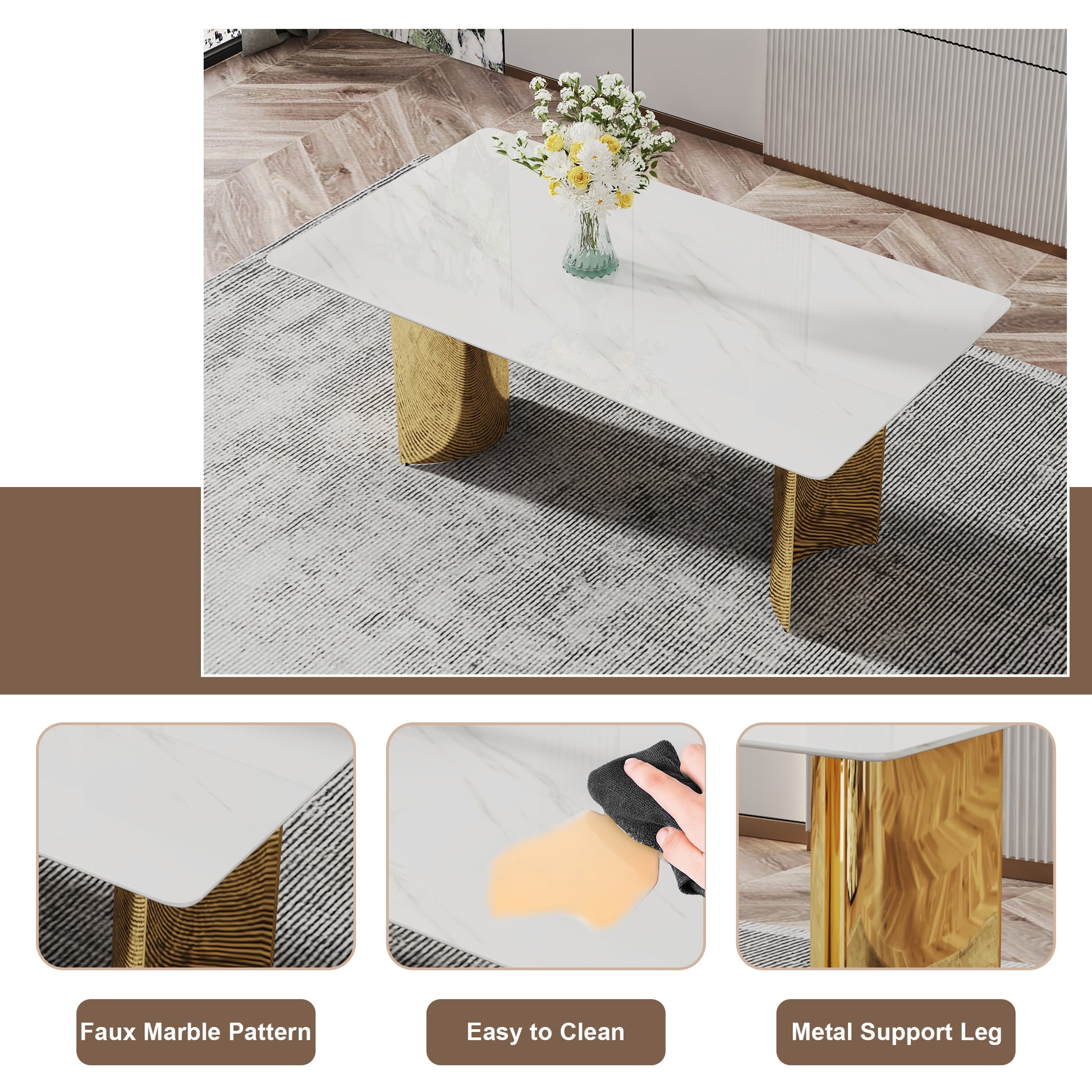 Table And Chair Set.The Table Has A Glass Tabletop With Imitation Marble Pattern Stickers And Stainless Steel Golden Table Legs. Paried With Comfortable Chairs With Pu Seats And Metal Legs. White Gold Seats 6 Glass Metal