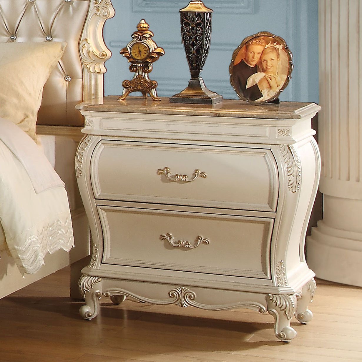 Pearl White 2 Drawer Nightstand With Queen Anne Legs White 2 Drawers Bedroom Rectangle Felt Lined Drawers White Solid Wood