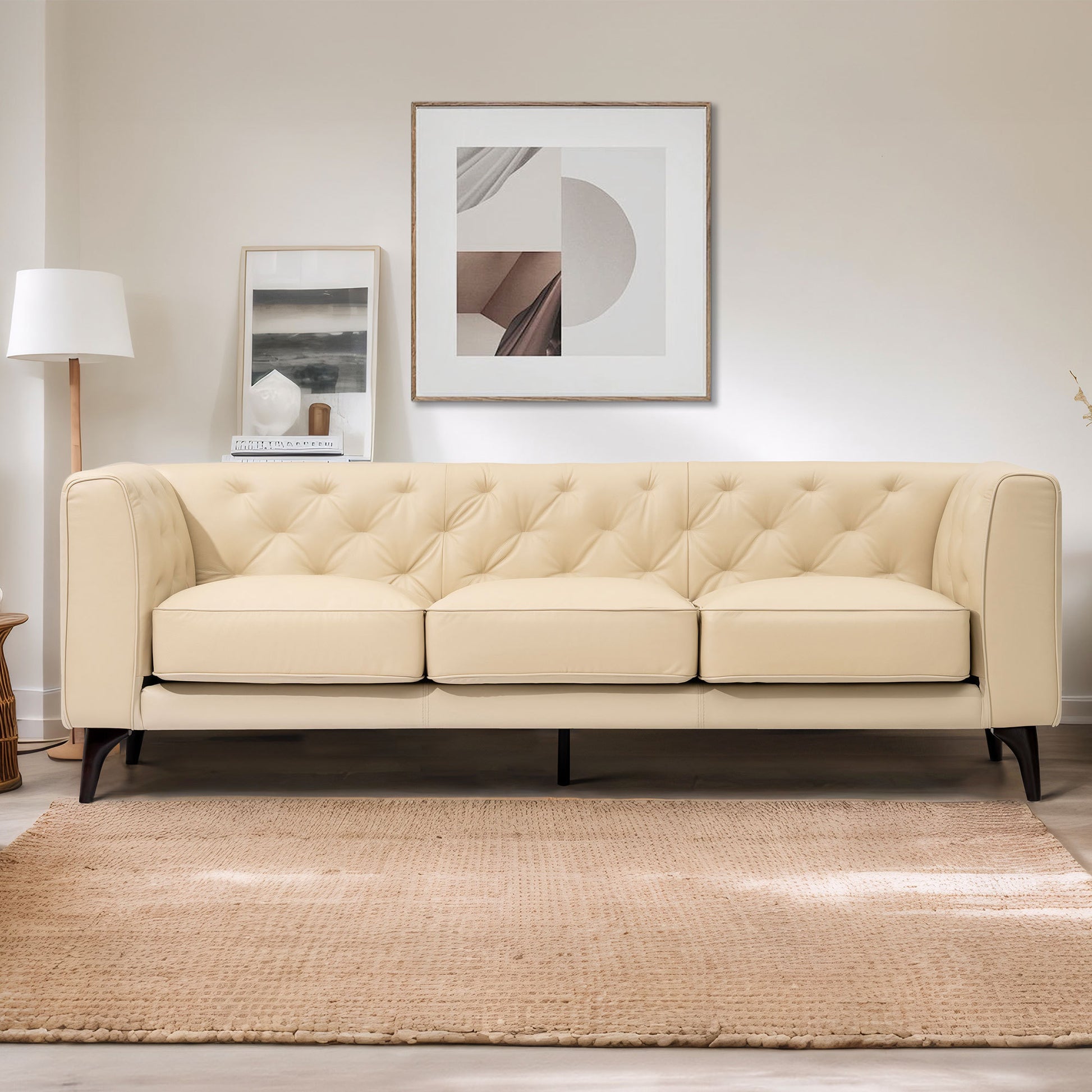 92.52 Inch Genuine Leather Couch 3 Seater Sofa With Tufted Back,Grain Leather Couch With Feather,Comfy Sofa For Living Room, Comfy Sofa Couch With Extra Deep Seats,Beige Beige Genuine Leather 3 Seat