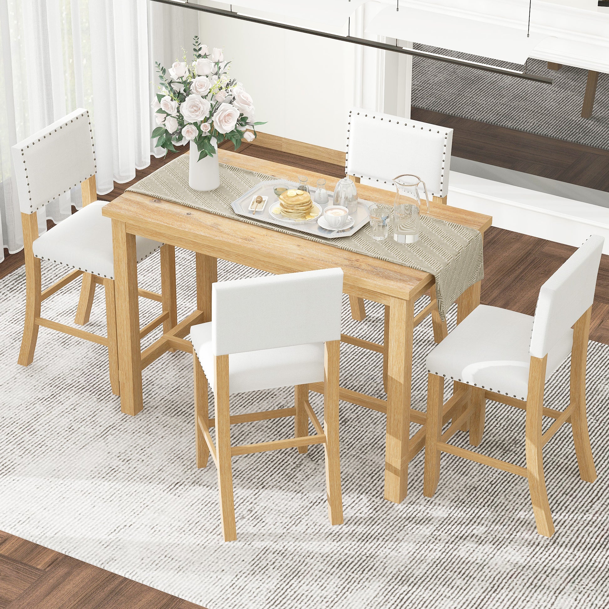 5 Piece Counter Height Dining Set, Classic Elegant Table And 4 Chairs In Natural Wood Wash Natural Wood Wash Solid Wood