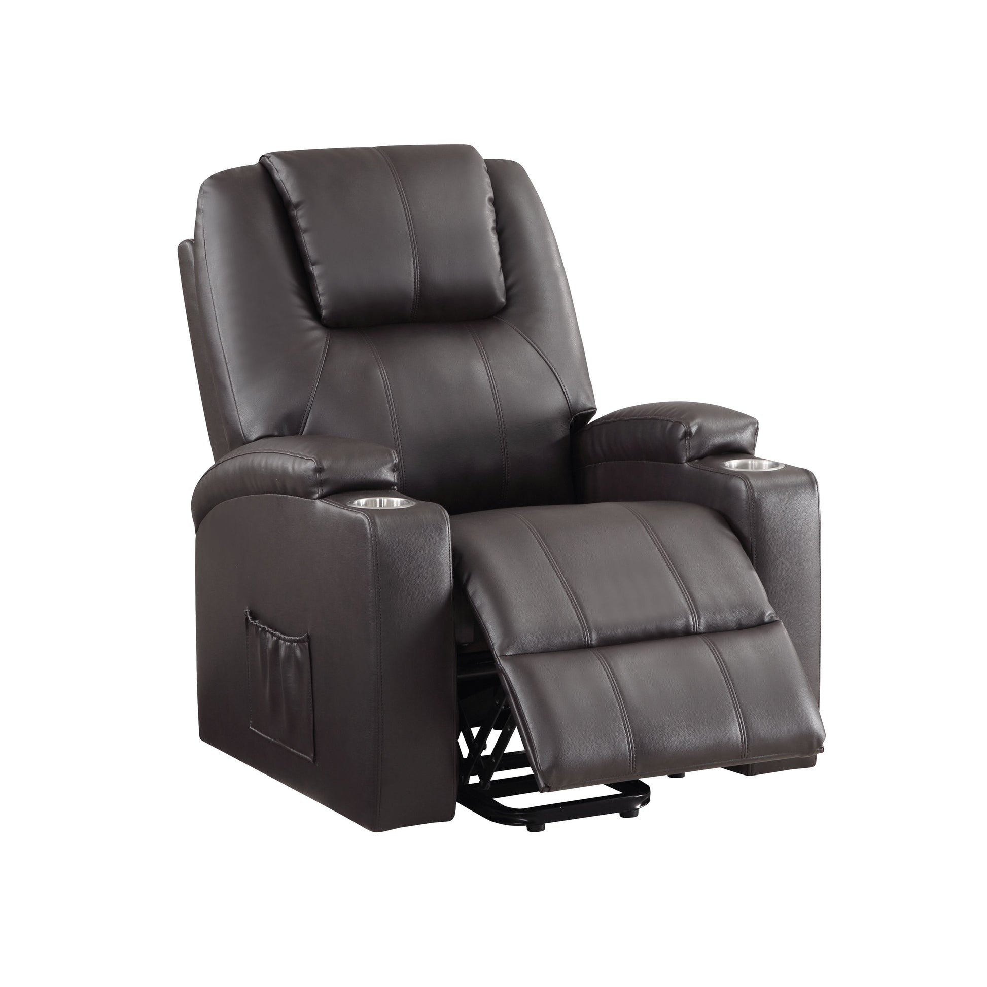 Brown 2 Cup Holder Power Lift Recliner Brown Faux Leather Power Remote Metal Primary Living Space Tight Back Push Button Pillow Top Arms Faux Leather