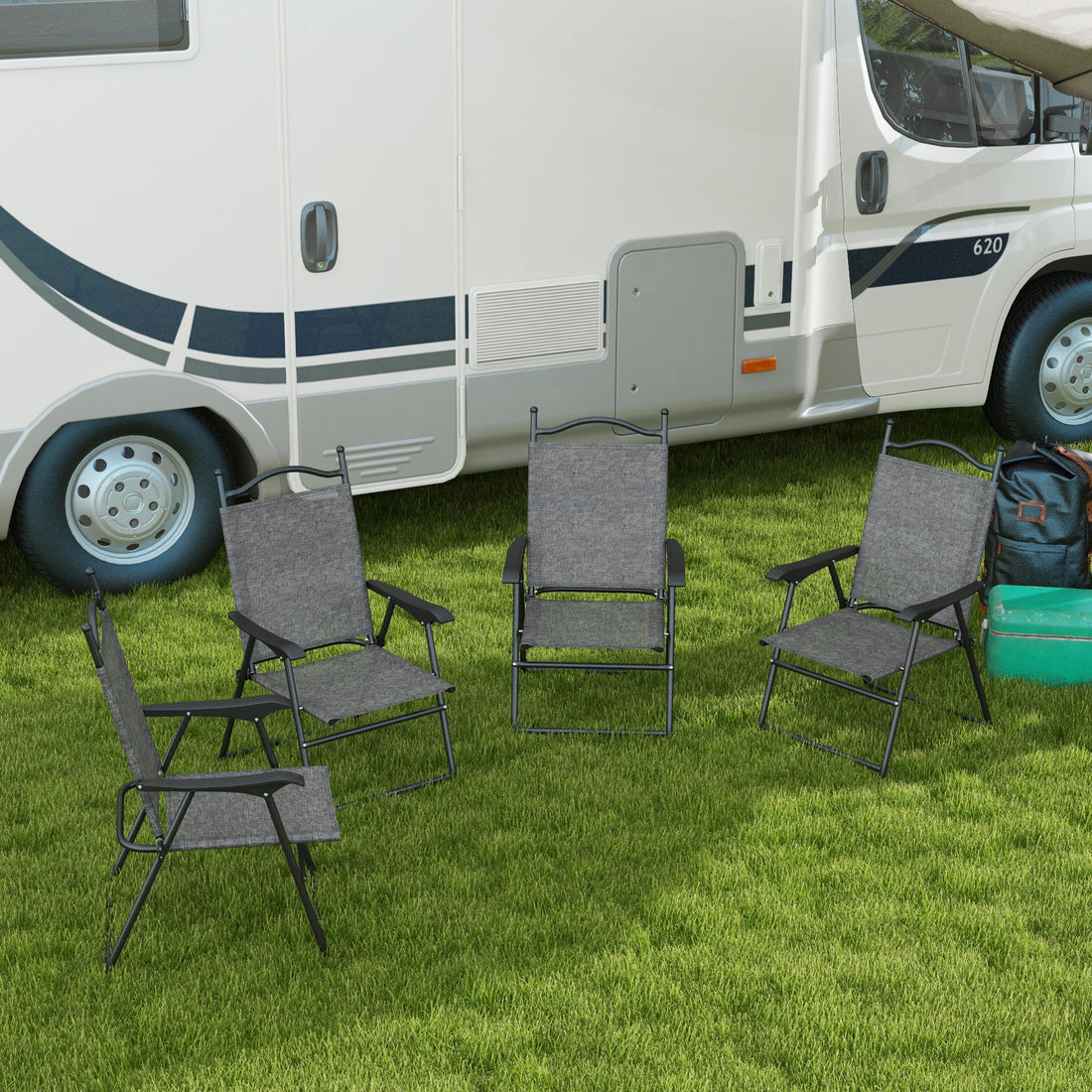 Outsunny Folding Patio Chairs, Set Of 4 Sports Chairs For Adults, Camping Chairs With Armrests,Mesh Fabric Seat For Lawn, Gray Gray Metal