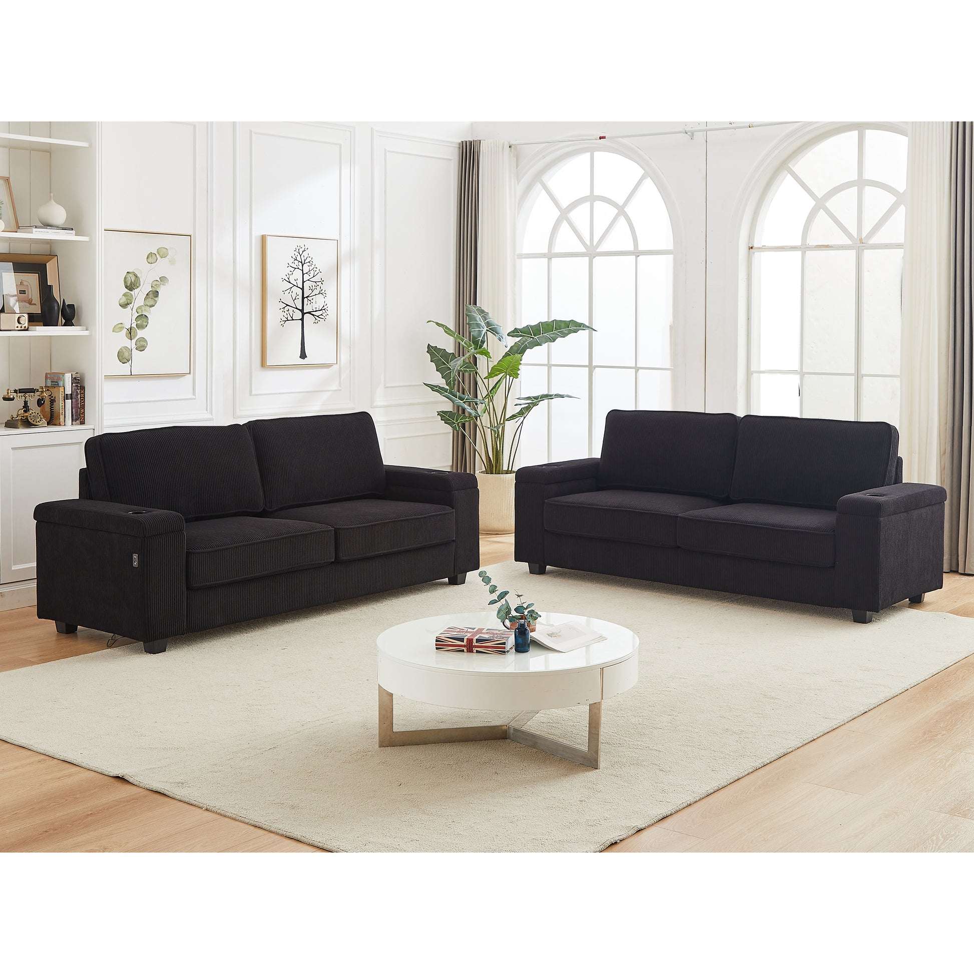 86.5 Inch Sofa Couch Deep Seat Sofa With Two Storage Spaces, T Pyce Charging Portsusb Charging Ports & 2 Cup ,Corduroy 3 Seater Couch, Modern Sofas For Living Room Black Foam Corduroy 3 Seat