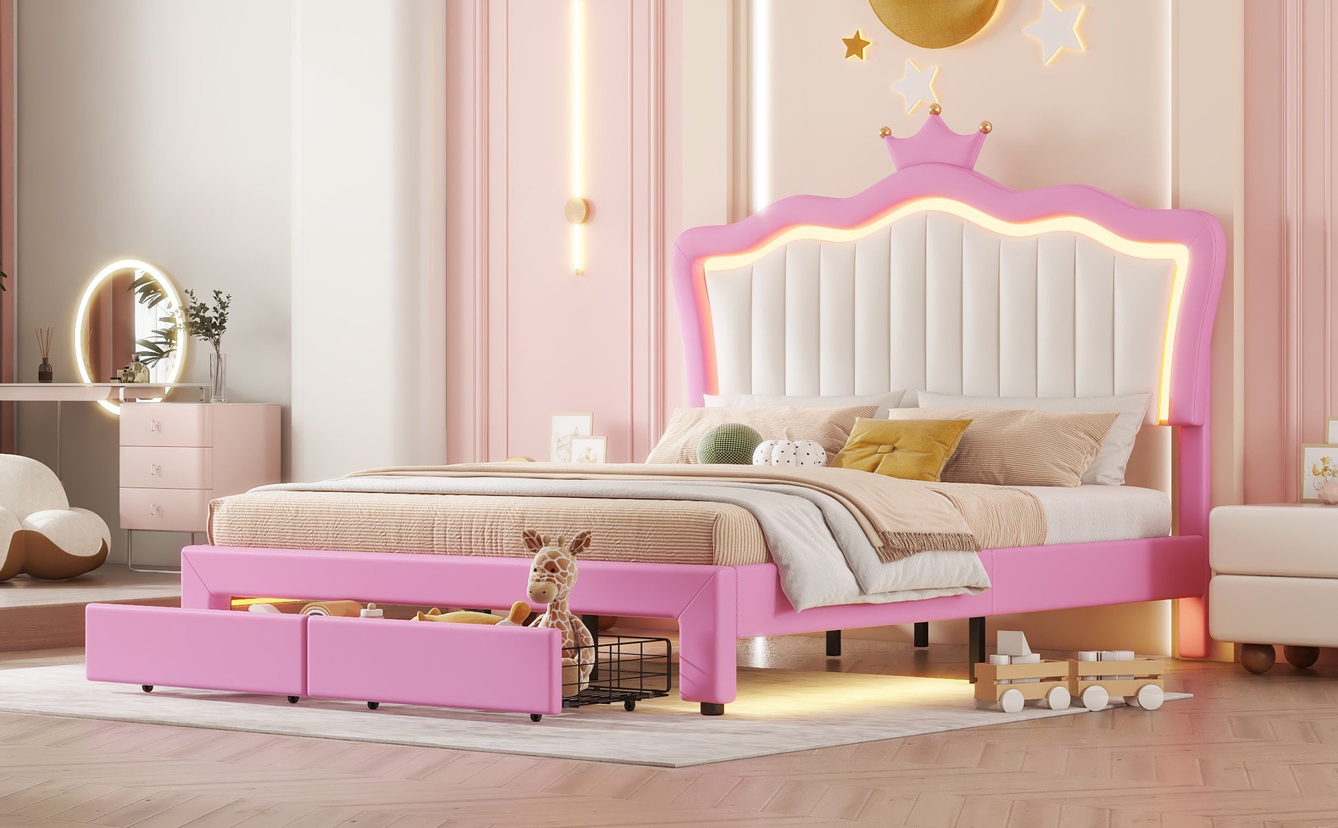 Full Size Upholstered Bed Frame With Led Lights, Modern Upholstered Princess Bed With Crown Headboard, 2 Drawers, Pink White Box Spring Not Required Full Pink White Wood Bathroom Modern Bed Frame Pu