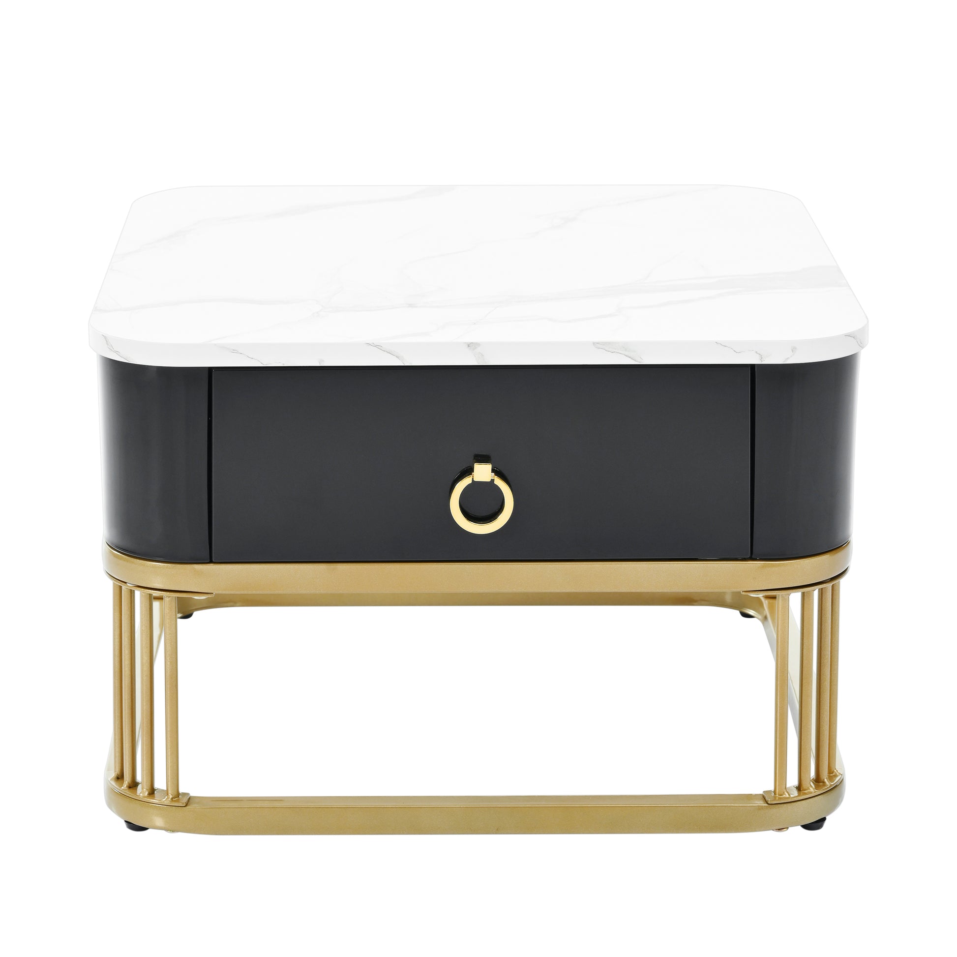 Nesting Coffee Table With Drawer, Set Of 2, Exquisite Square Stacking Coffee Tables With Brown Tempered Glass, Side Table With High Gloss Marble Grain Tabletop For Living Room, Black Black Gold Primary Living Space Drawers Square Mdf Steel