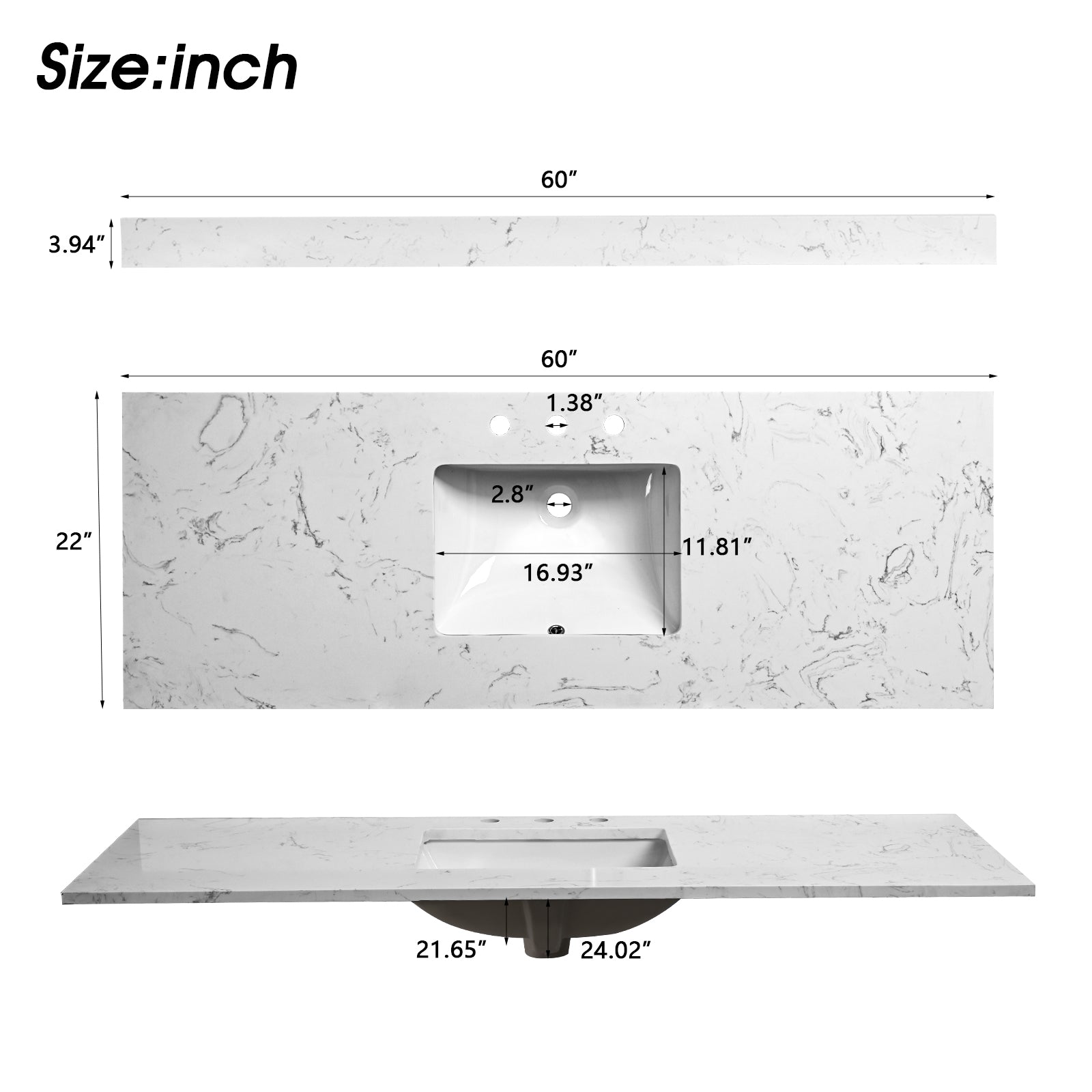 60"X 22" Bathroom Stone Vanity Top Engineered Color With Undermount Ceramic Sink And 3 Faucet Hole With Backsplash White Stone