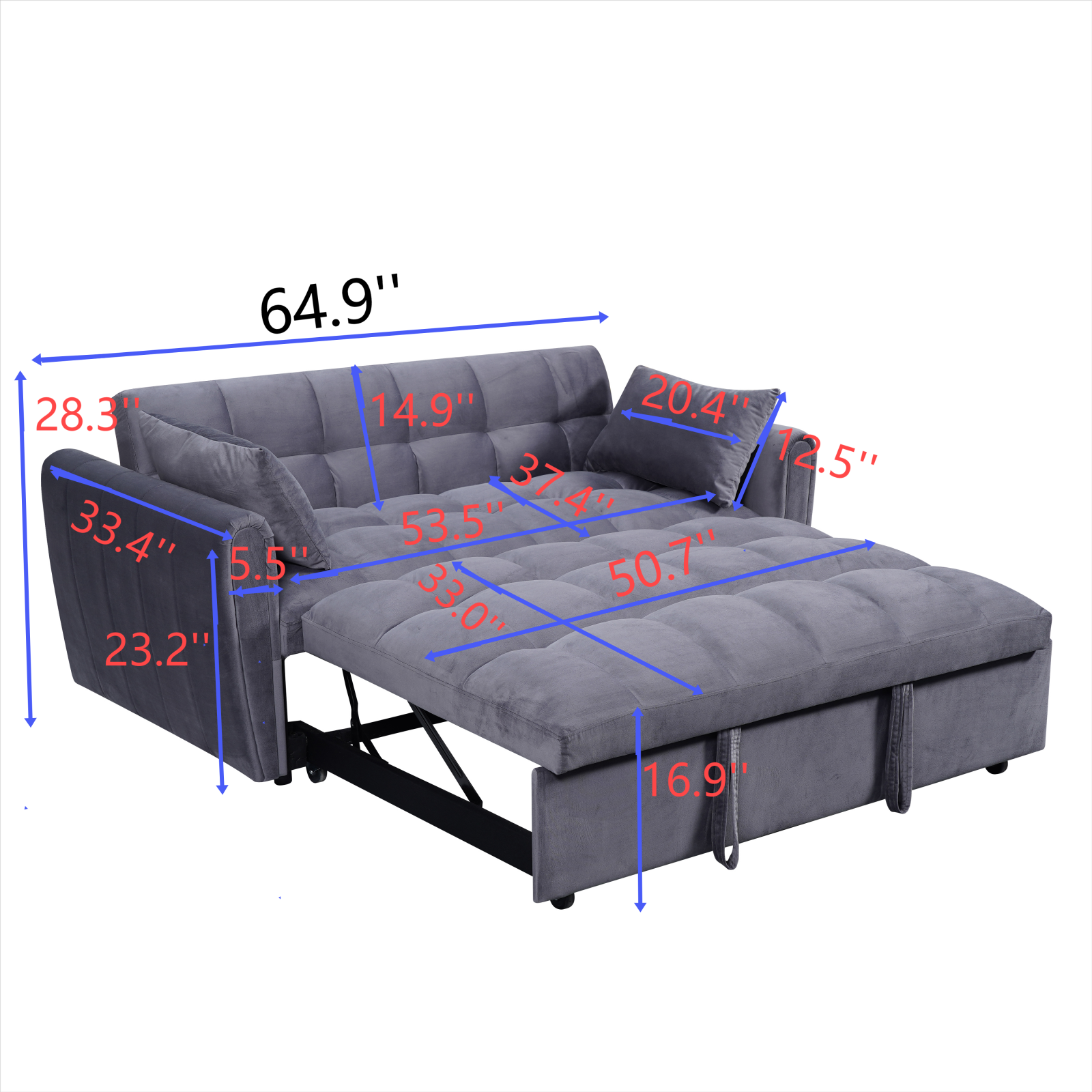 64.9 "3 In 1 Foldable Large Size Sofa Bed, Modern Velvet Double Sofa, Sofa Bed With Adjustable Back, Storage Bag And Pillow, Suitable For Living Room, Bedroom Dark Grey Light Brown Wood Primary